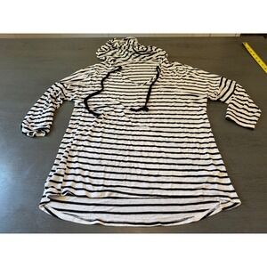 Nabee Striped Hooded Top Black White V-Neck 3/4 Sleeve Rayon Spandex Medium